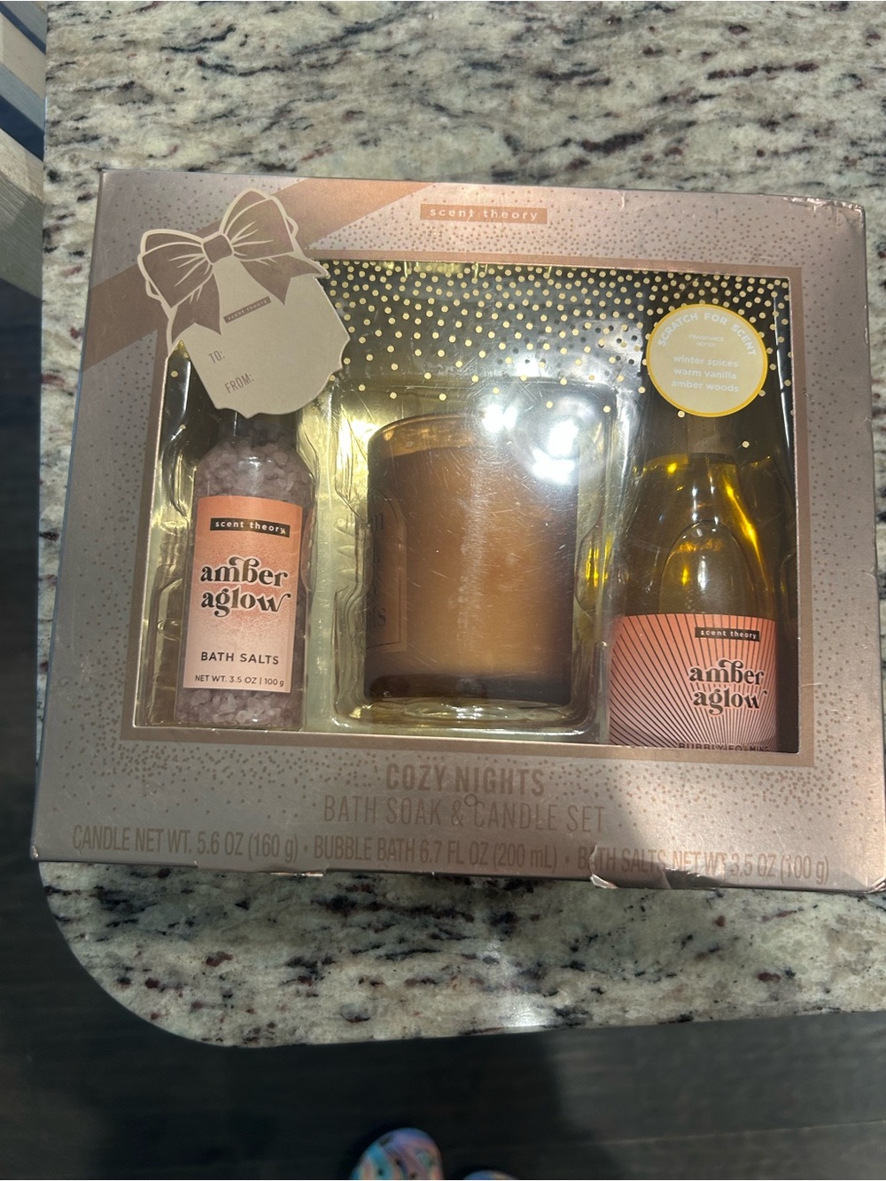 Scent Theory Amber Aglow Cozy Nights Bath Soak & Candle Gift Set Winter Vanilla